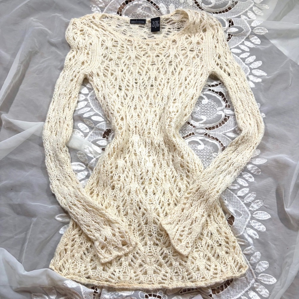 Y2K Fall Boho Wool Mohair Blend Open Knit Sweater Ivory Cream Small